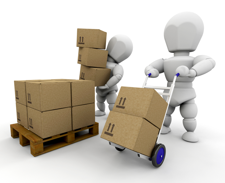 Two dolls, representing movers carrying and wheeling boxes