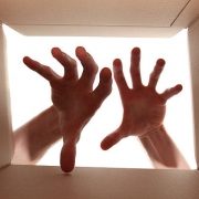 Two open hands reaching inside a box