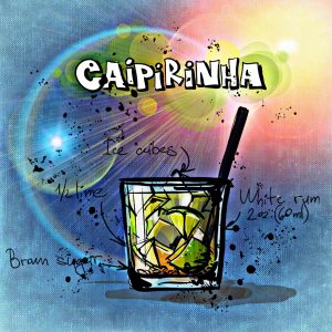 A glass of caipirinha with its ingredients written around it