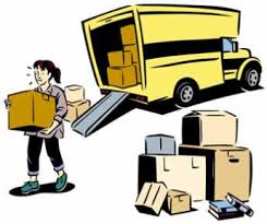 A moving truck, boxes and woman carrying a heavy box while moving to one of the best overseas places to retire