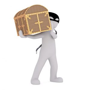A masked thief carrying a case stolen from people who didn't think about package theft prevention.